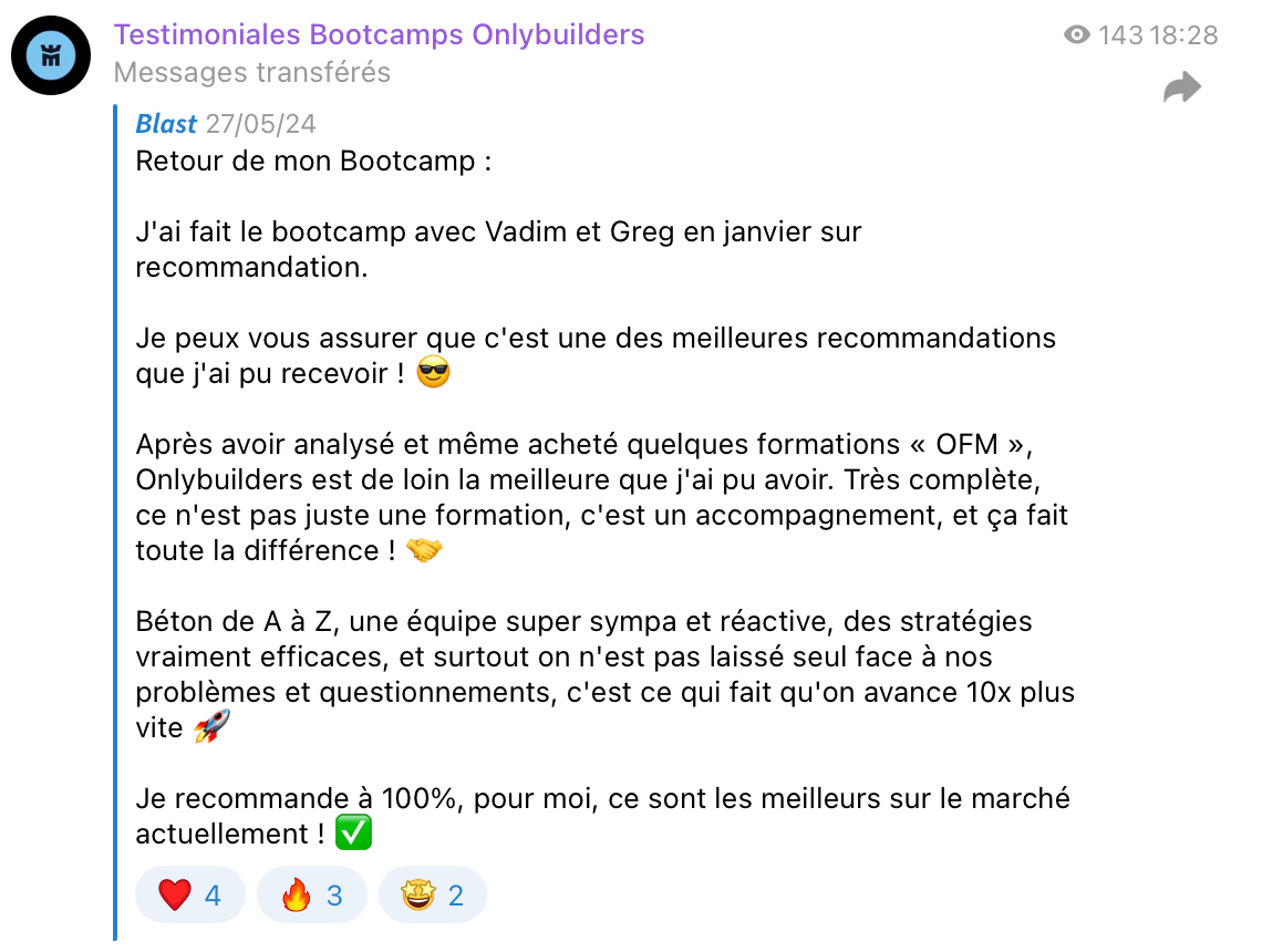 Témoignage client Bootcamp OnlyBuilders