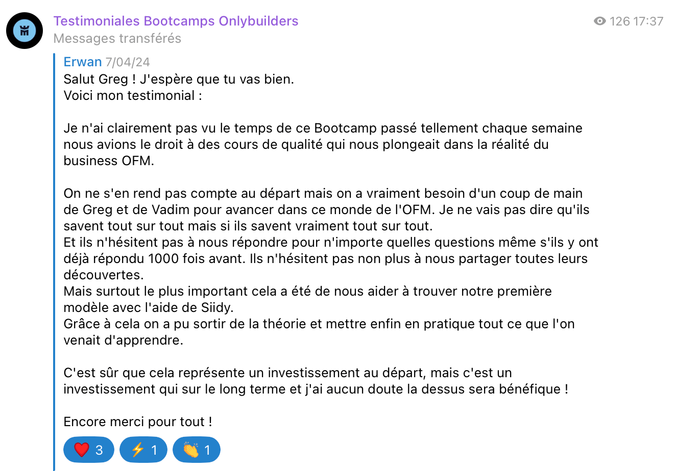 Témoignage client Bootcamp OnlyBuilders