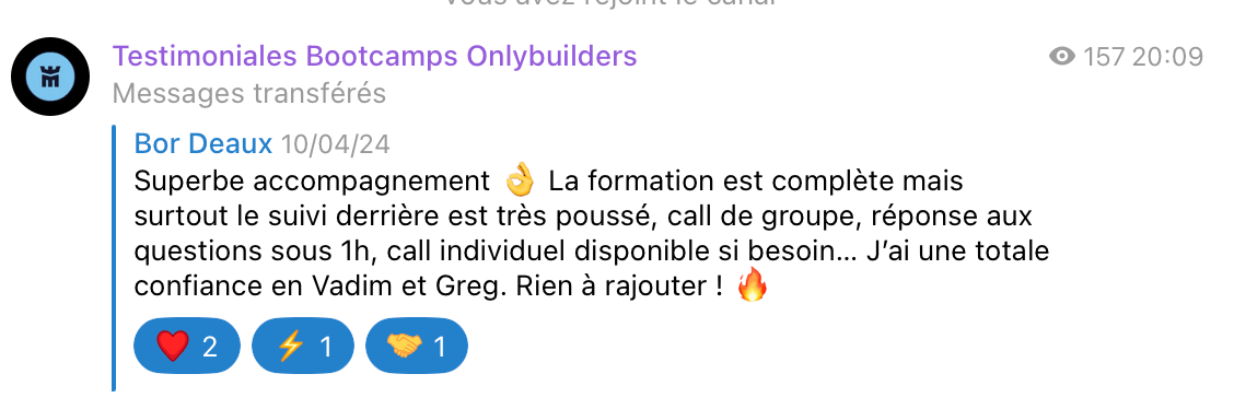 Témoignage client Bootcamp OnlyBuilders
