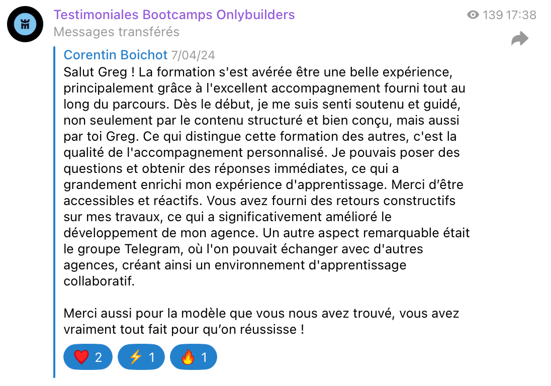 Témoignage client Bootcamp OnlyBuilders