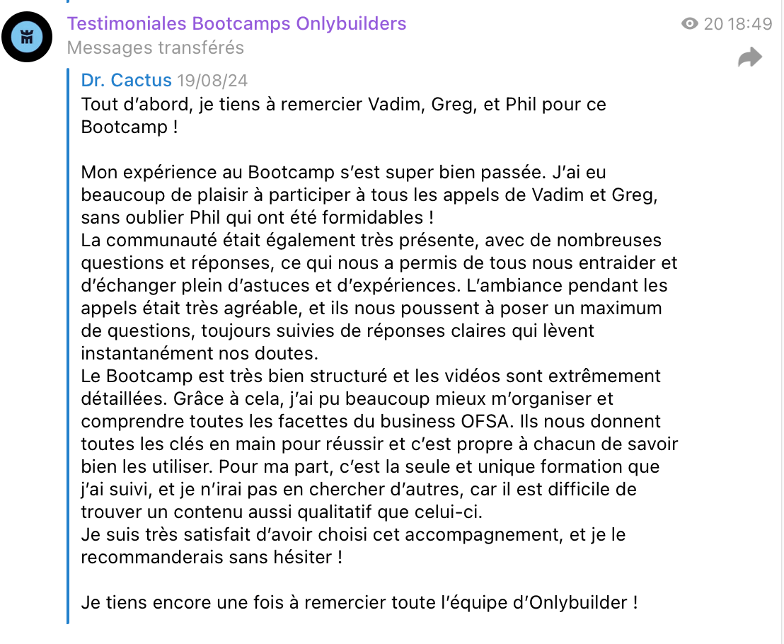 Témoignage client Bootcamp OnlyBuilders